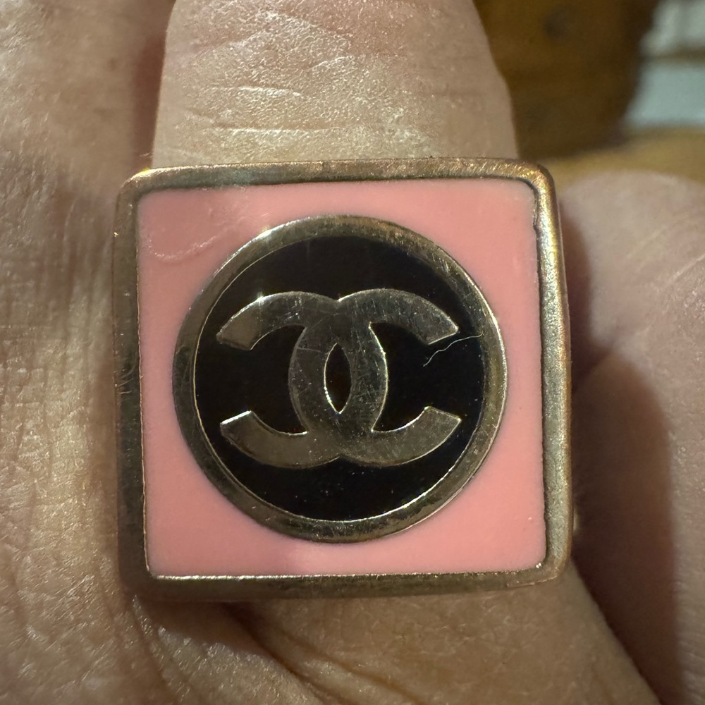 Chanel Pink and Black Silver Tone Women's Ring Sz 6